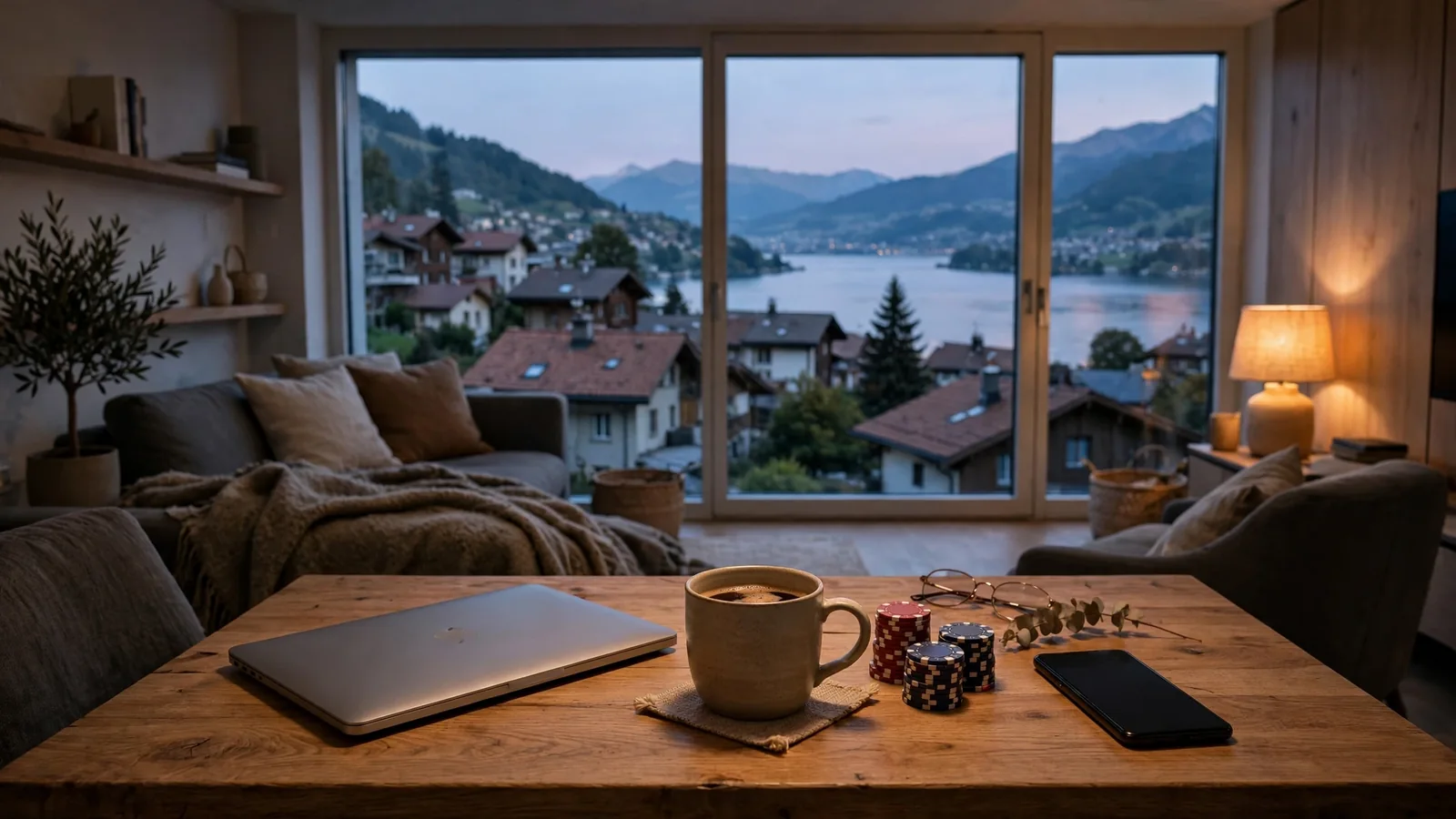 Schweizer Wohnzimmer bei Dämmerung mit Laptop, Jetons und Blick auf Alpen
