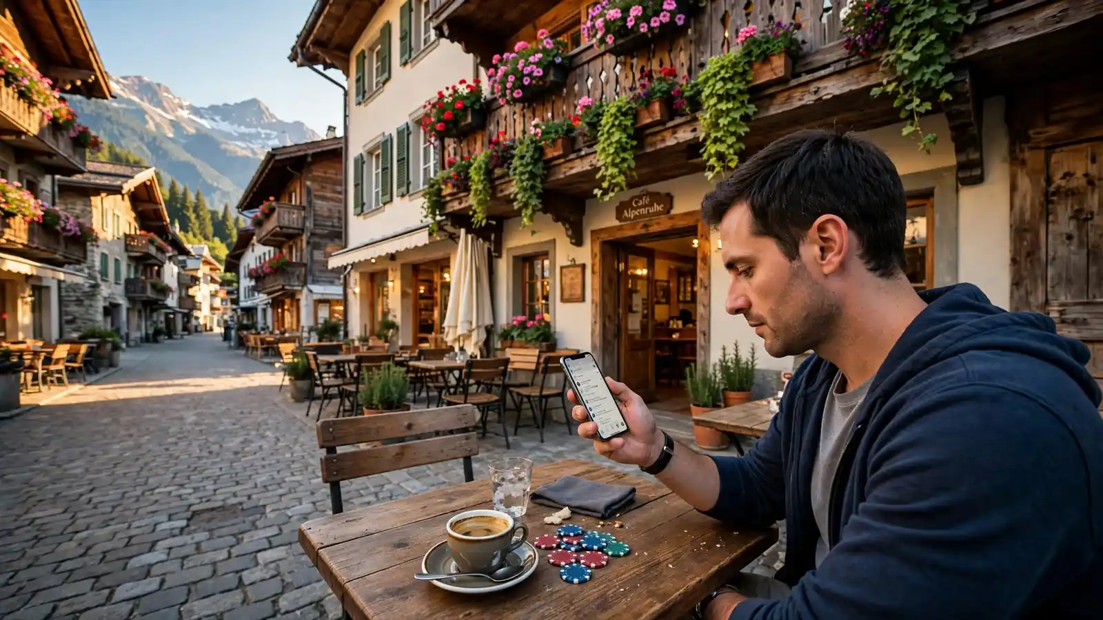 Mann sitzt in einem Schweizer Bergkaffee mit Smartphone, Spielchips und Kaffee auf dem Tisch