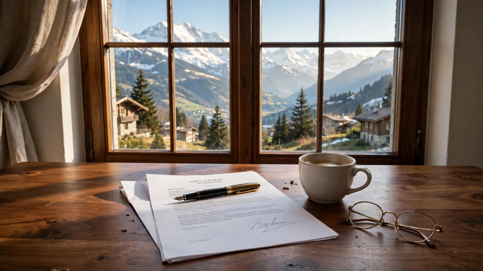 Unterzeichnetes Dokument auf einem Schreibtisch mit Blick auf Schweizer Berge durch ein Fenster.
