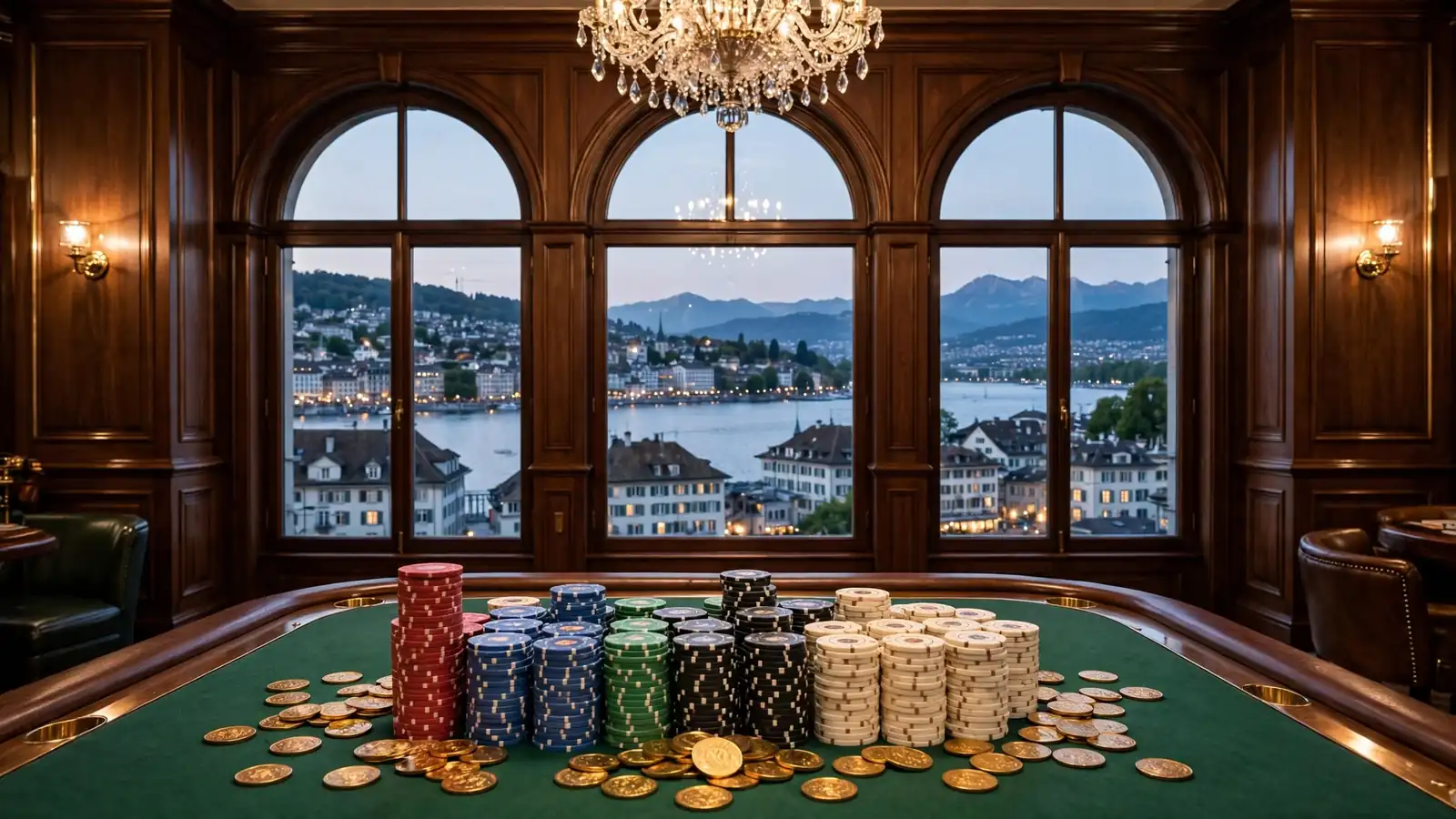 Elegante Schweizer Casino-Lounge mit Spielchips und Münzen auf dem Filztisch, Blick auf die Schweizer Alpenstadt durch ein grosses Fenster.