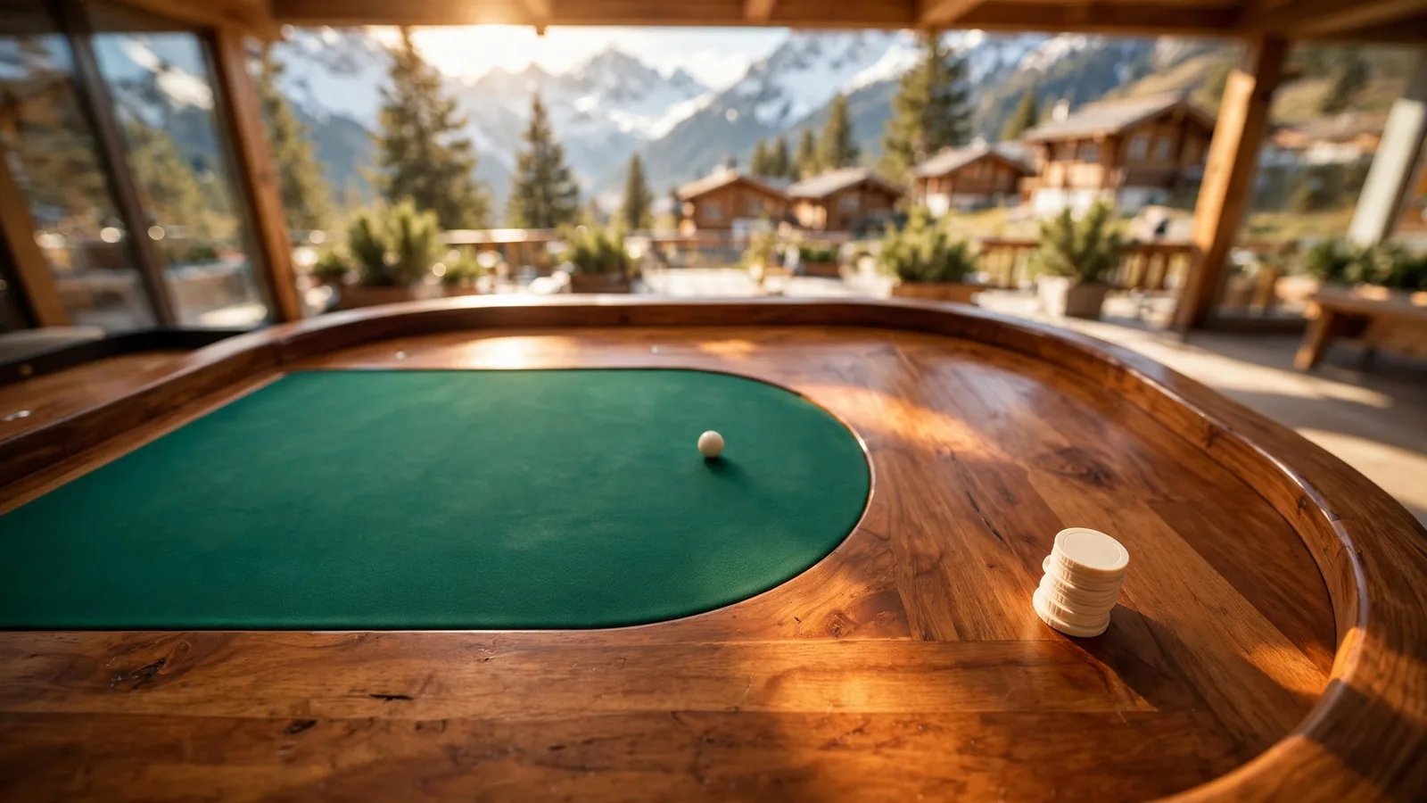 Roulette-Tisch mit Jetons vor einem Fenster mit Blick auf die Schweizer Alpen