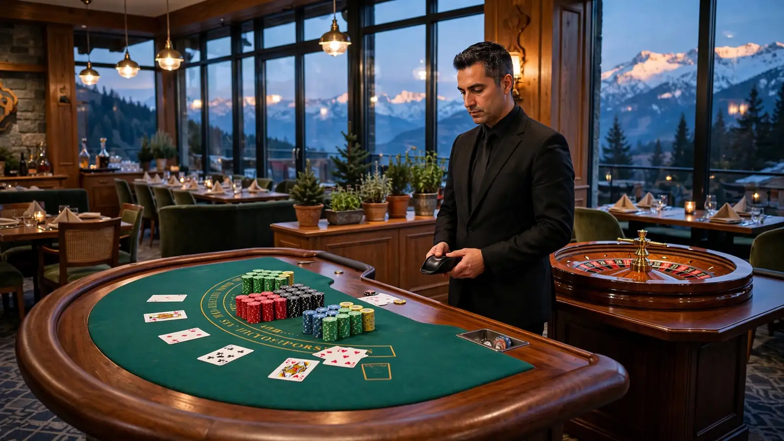 Elegante Schweizer Casino-Lounge mit Blackjack-Tisch und Bergen im Hintergrund