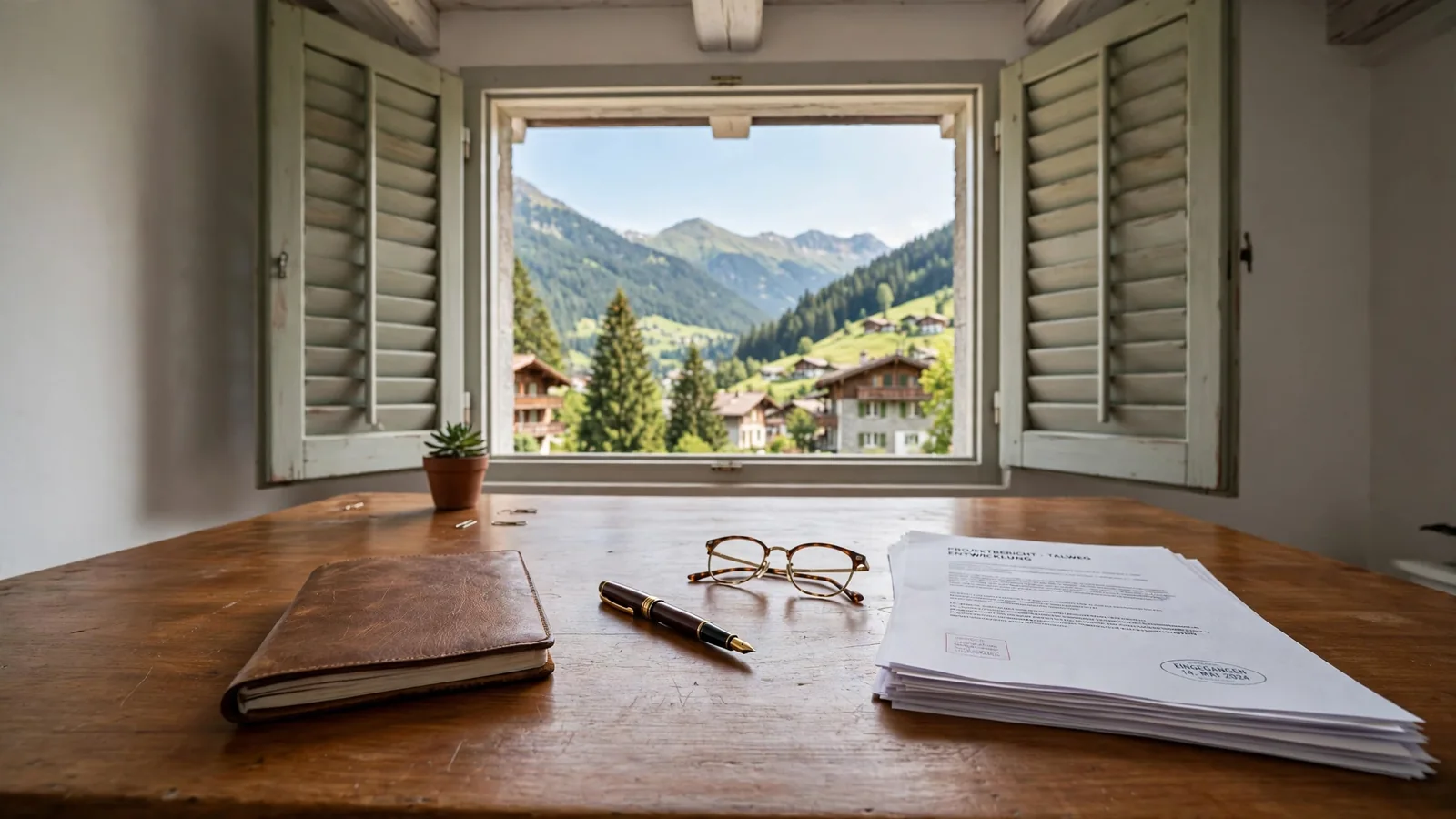 Schreibtisch mit Notizbuch und Dokumenten in einem Schweizer Büro.