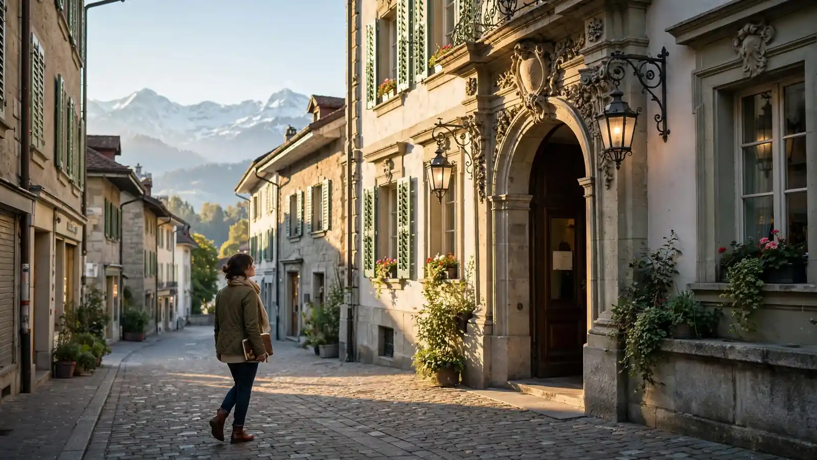 Person betritt elegantes historisches Gebäude in einer Schweizer Altstadt mit Alpen im Hintergrund