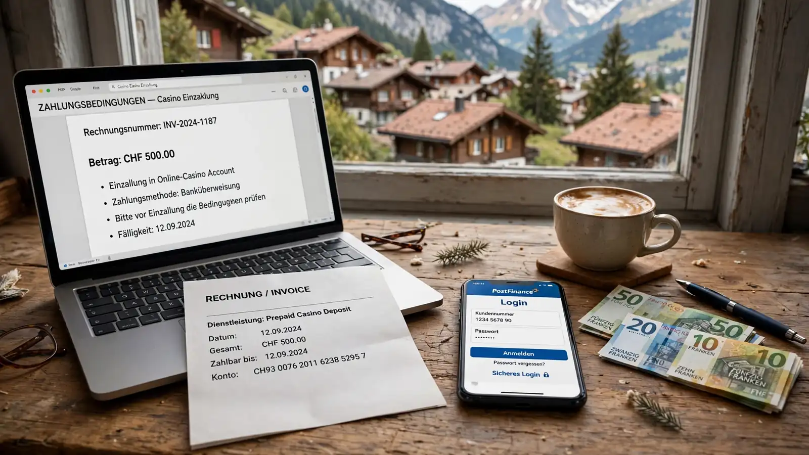 Schreibtisch mit Laptop, Rechnung und Schweizer Franken am Fenster mit Bergblick.