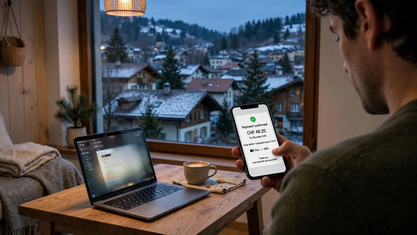 Schweizer Wohnung mit Laptop, Smartphone und alpinem Ausblick am Abend