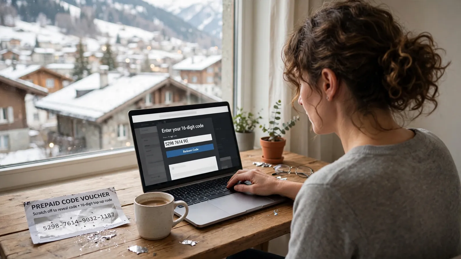 Person gibt einen Paysafecard-Code am Laptop in einer Schweizer Wohnung ein