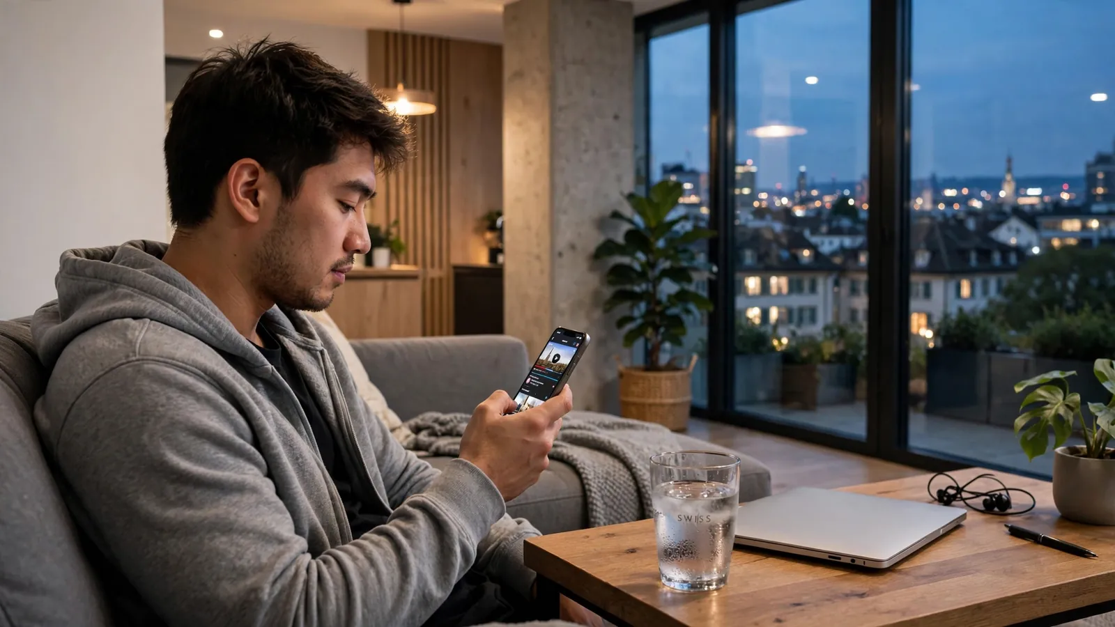 Junger Mann in modernem Zürcher Apartment entspannt mit Smartphone bei Online-Unterhaltung.