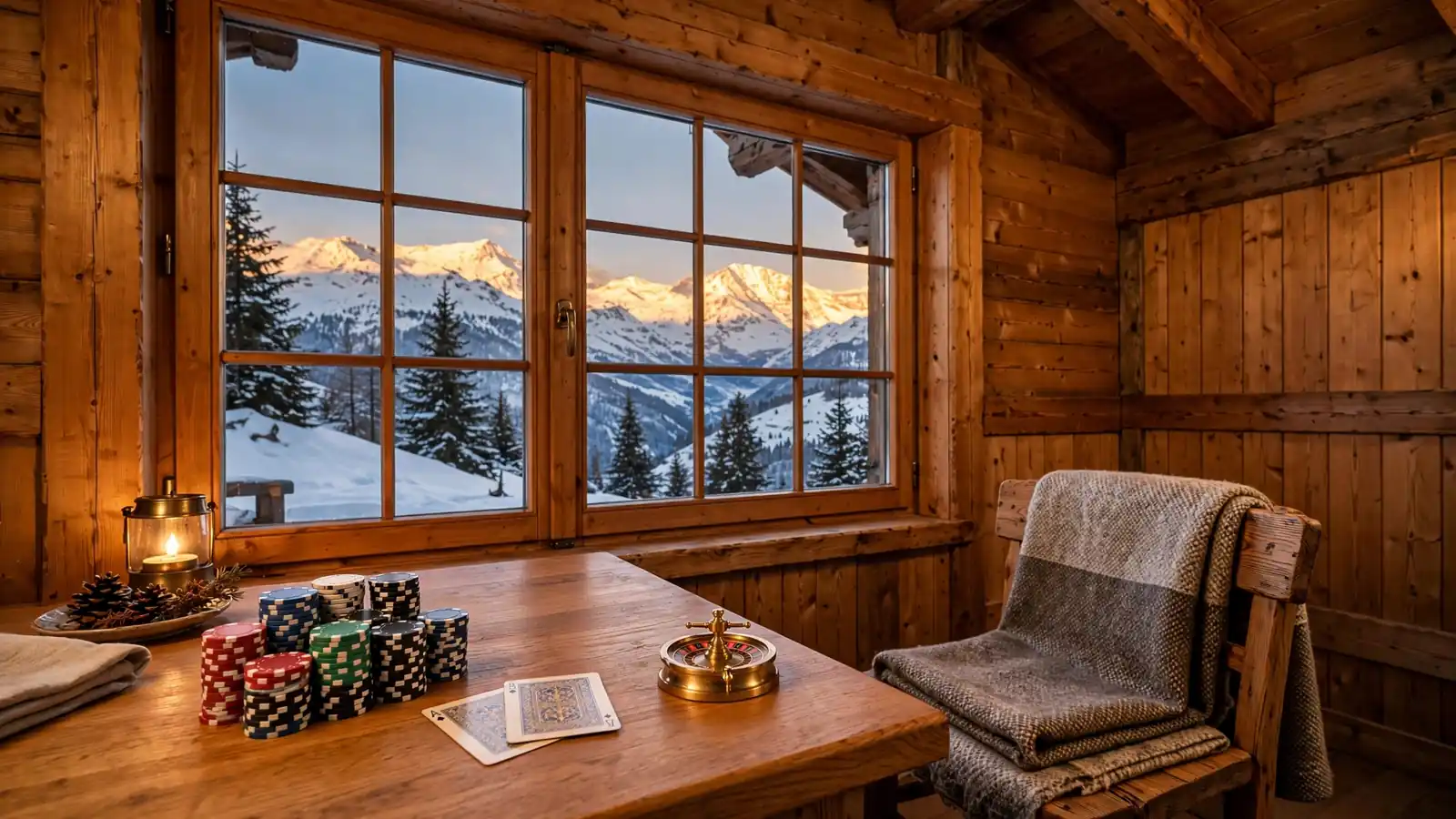 Gemütliches Schweizer Chalet mit Spielchips, Karten und Mini-Roulette auf Holztisch