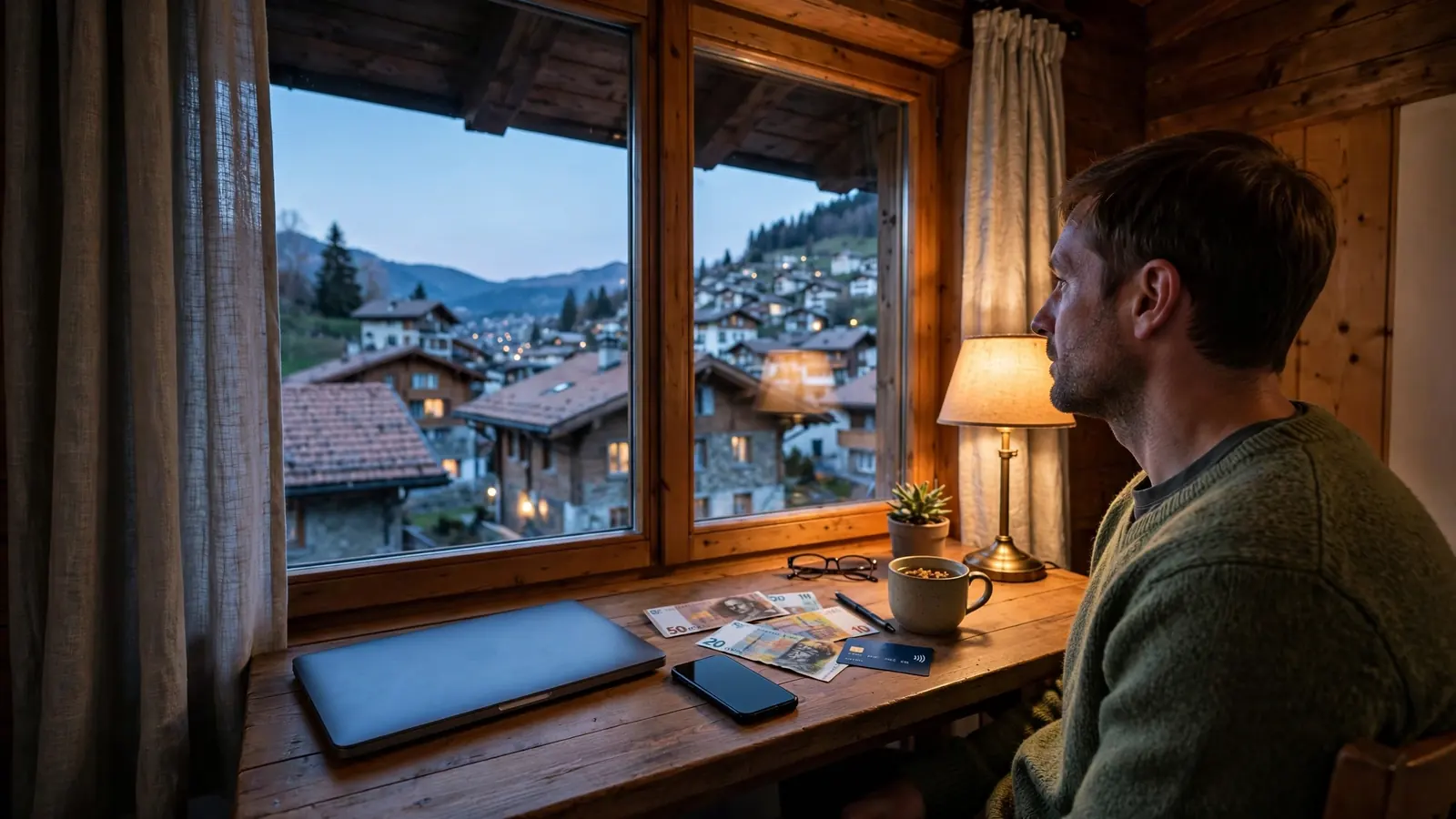 Schweizer Wohnzimmer bei Abend mit Laptop, Smartphone und Schweizer Franken auf dem Schreibtisch.