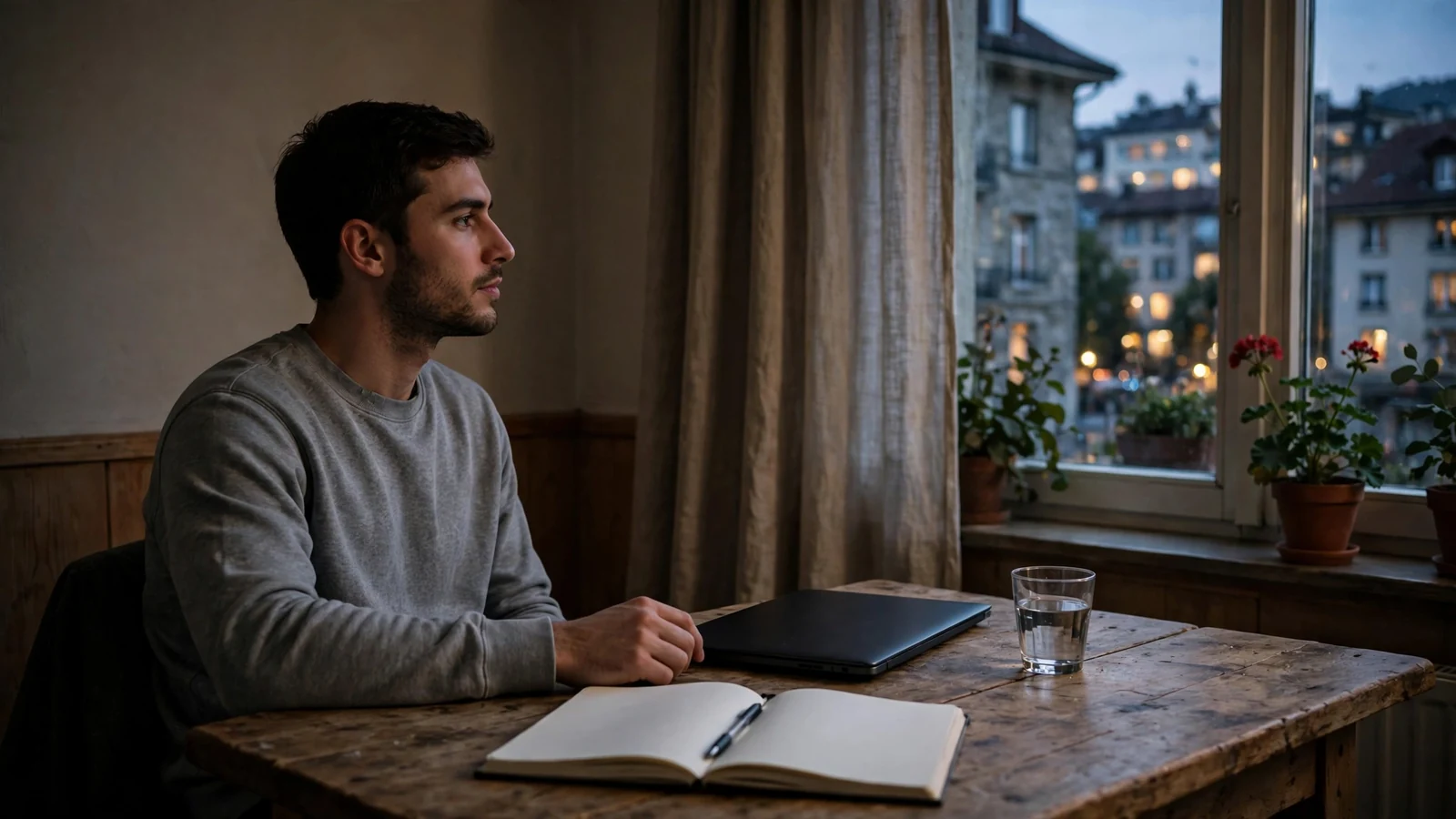 Nachdenklicher junger Mann an einem Tisch bei Dämmerung mit geschlossenem Laptop und Notizbuch.