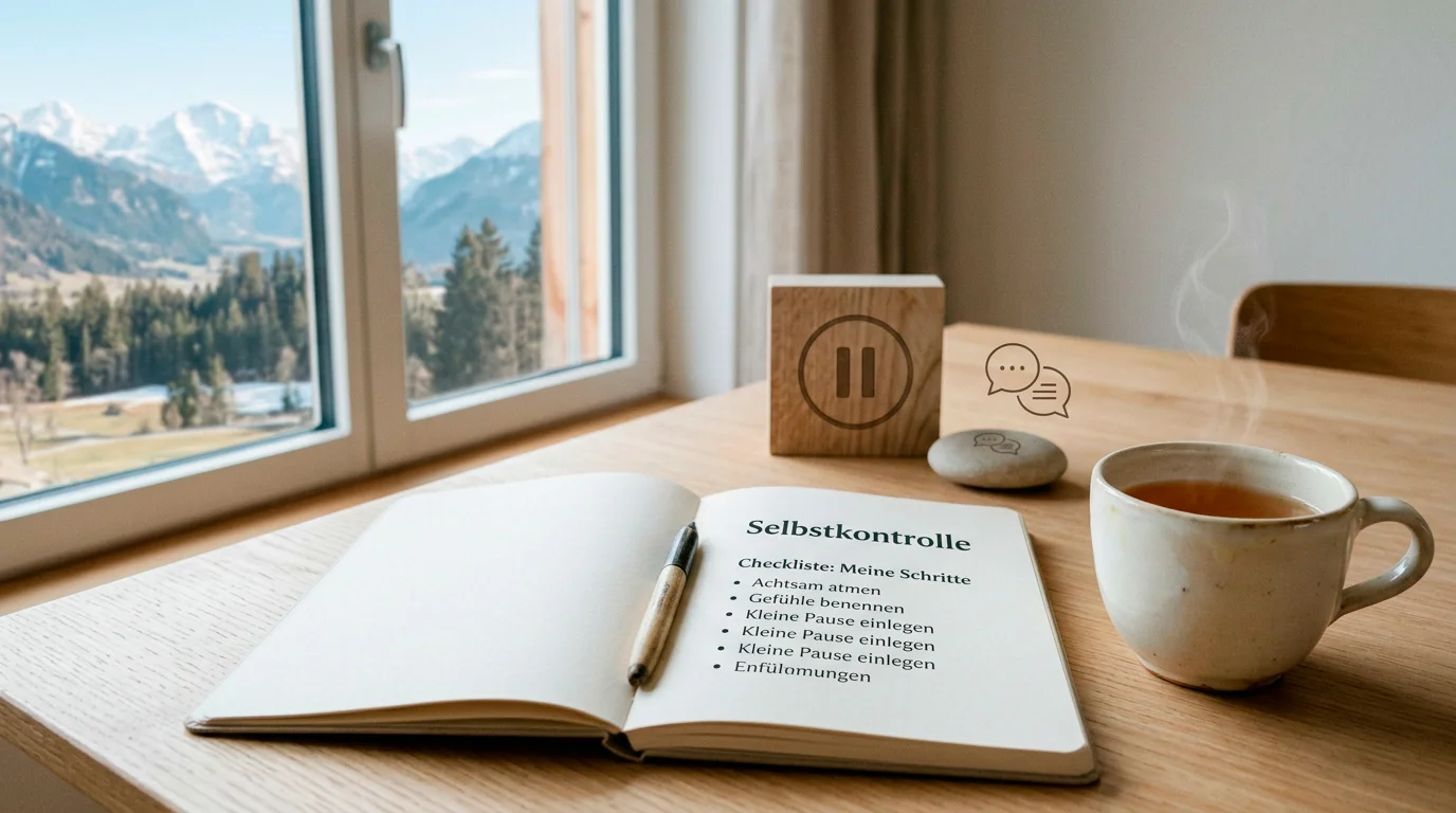Ruhige Hilfesituation mit Notizblock, Pausetaste und Schweizer Beratungshinweisen