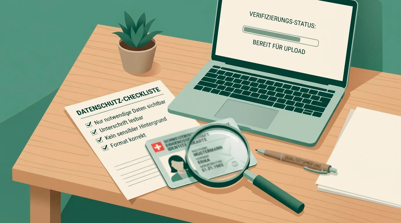 Geordnete Prüfung von Ausweis, Datenschutz und Casino-Status vor einem Upload